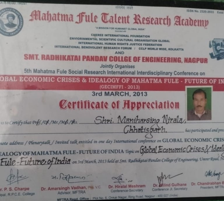 Certificate of appreciation from Mahatma Fule Talent Research Academy