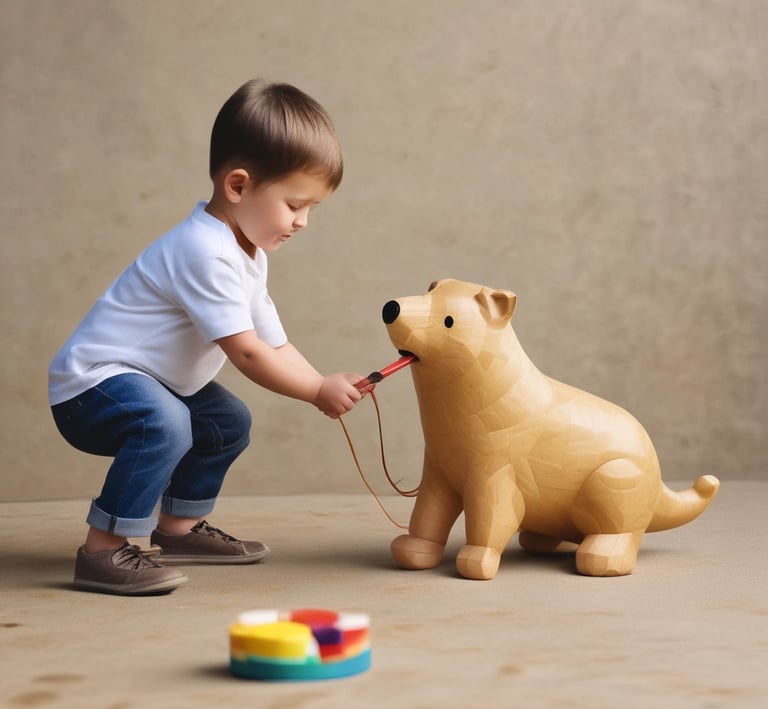 A happy dog playing with a colorful toy in a sunny park.