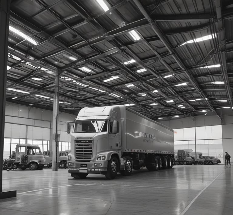 a semi truck parked inside a warehouse