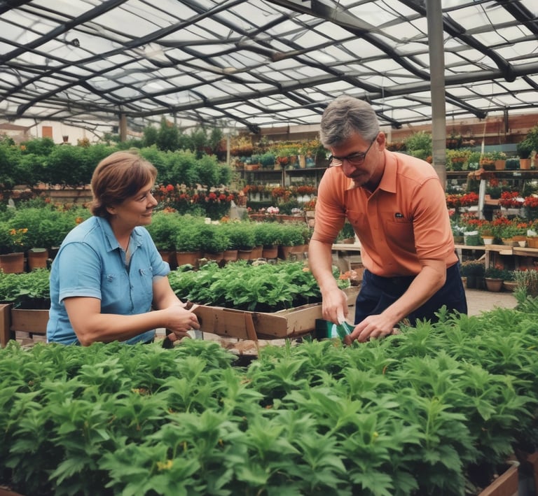 a man and woman in a greenhouse