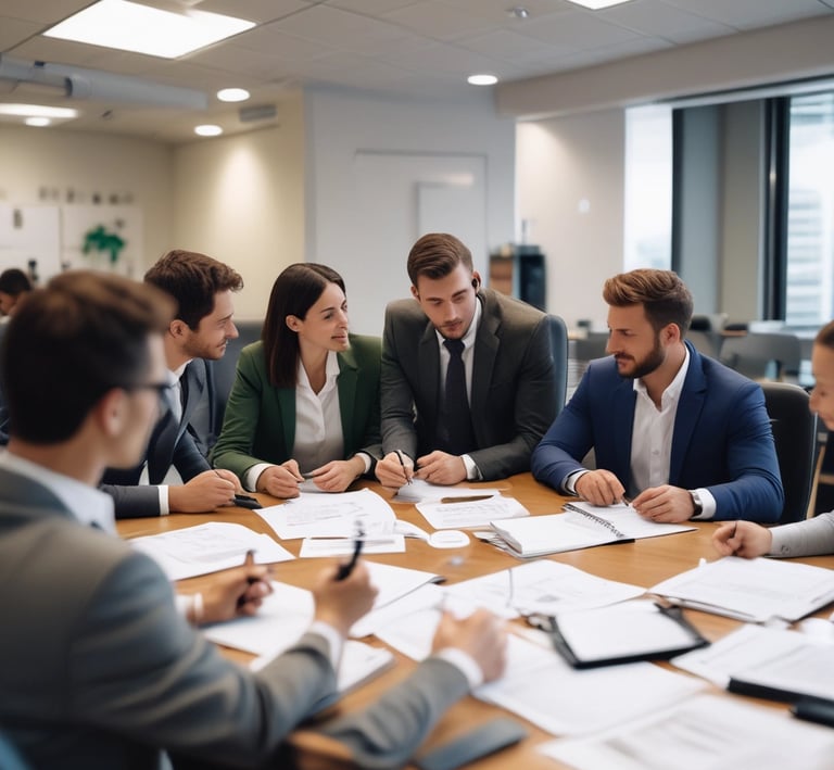 An elegant presentation setup featuring bold graphics and warm lighting.