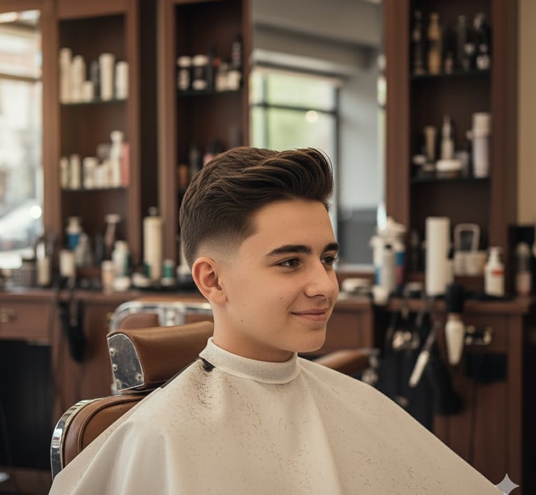 a man in a barbershop with a haircut