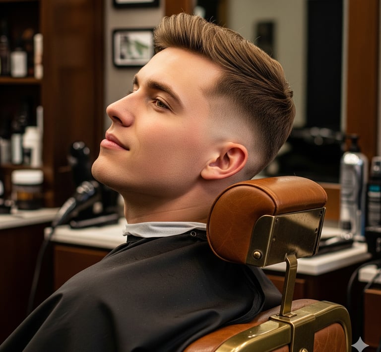 a man in a barbershop with a haircut