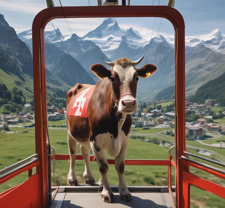 A cable car suspended over a snowy, mountainous landscape with clear blue skies. The cable car is branded with Tissot logos and is filled with passengers. The rugged, snow-covered mountains create a serene and adventurous atmosphere.