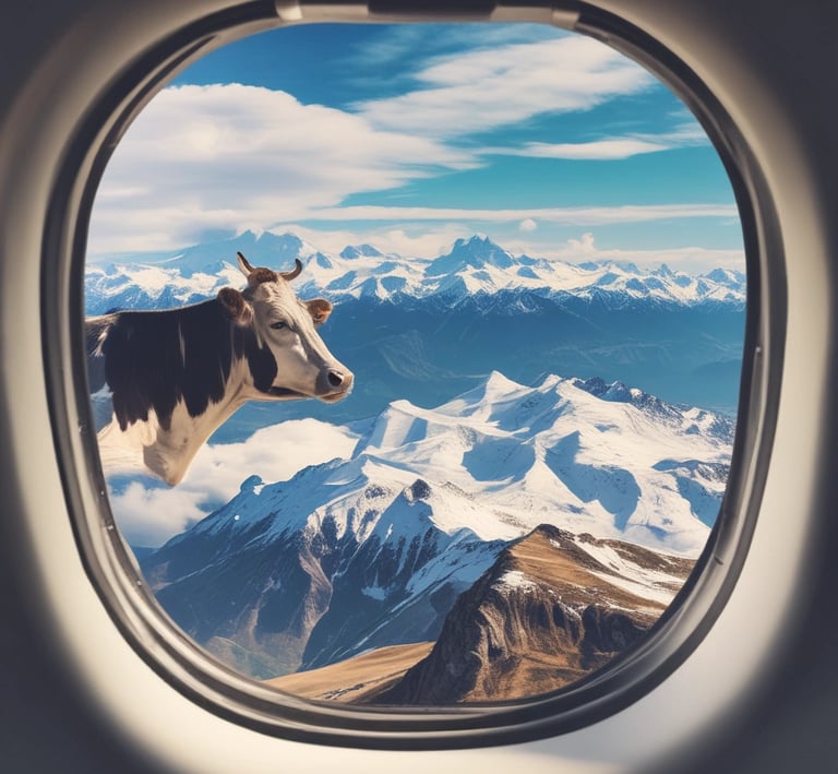 An airplane wing with a red and white Swiss flag emblem is visible against a vast, clear blue sky. Below, an impressive expanse of snow-covered mountains stretches out, offering a stunning aerial view of the landscape.