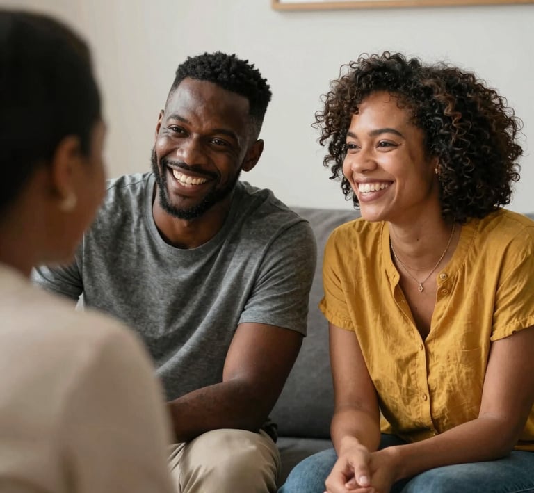 Young couple praying together with a Bible inside a historic church sanctuary.