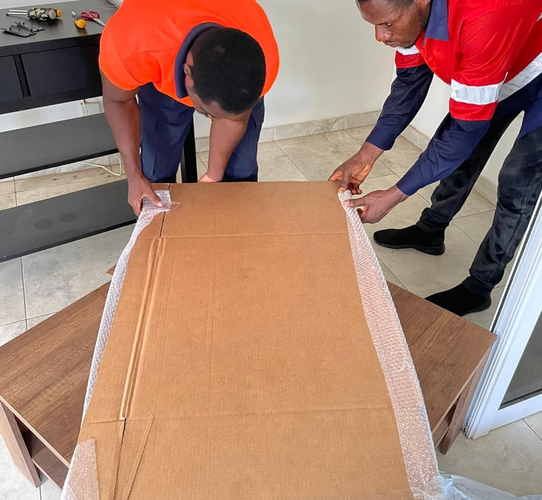 Two professional movers in orange high-visibility shirts with reflective stripes and blue accents co