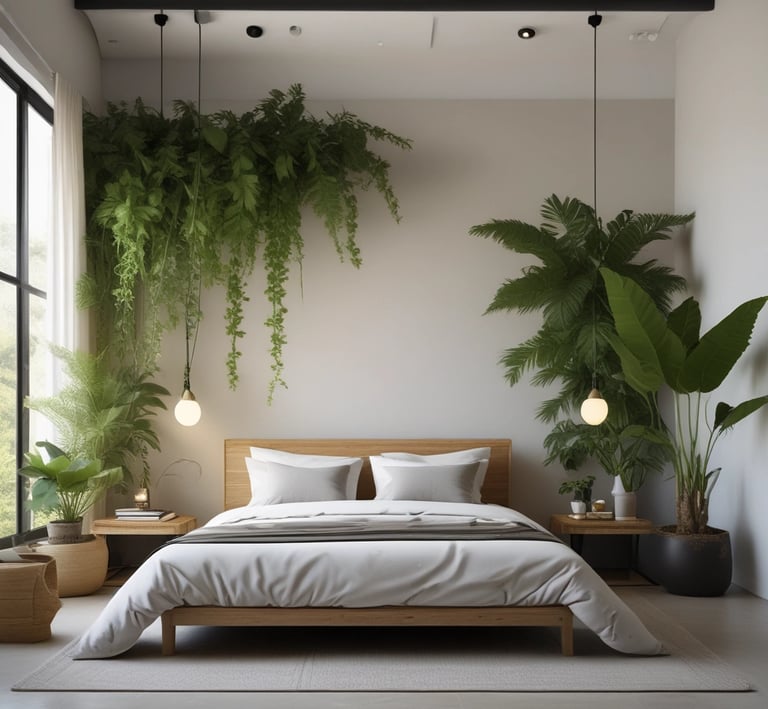 A cozy bedroom showcasing neutral tones and minimalist art.