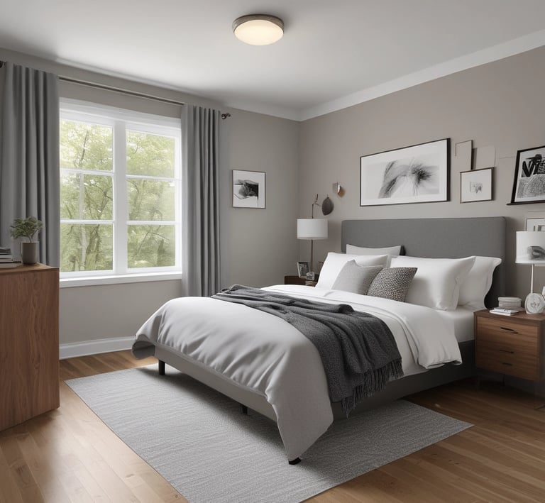 A cozy, well-decorated private room with a comfortable bed and study desk.