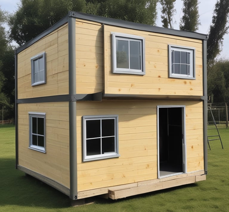Compact portable cabin with solar panels installed on the roof, situated in a desert landscape.