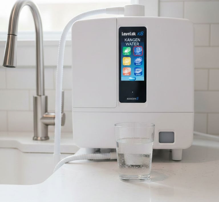 Copo com água pura em frente do equipamento Enagic K8