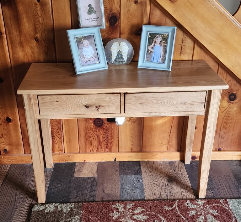 white oak hall/ entry table. 2 full extension soft close drawers