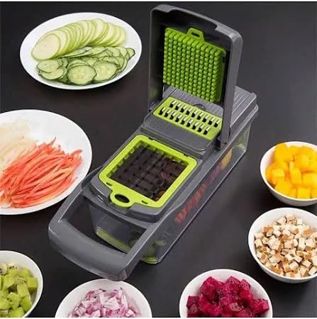 Multifunctional vegetable chopper and mandoline slicer with bowls of freshly diced fruits and vegetables.