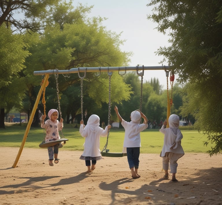 A vibrant community gathering at the site of the future masjid, with children playing and elders sharing stories.