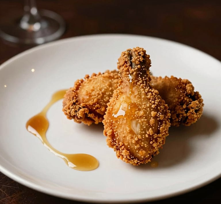 Close-up of an artfully plated gourmet appetizer with vibrant colors and delicate garnishes on a cream background.