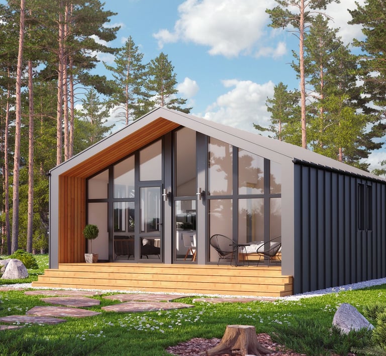Modern prefab cabin with floor-to-ceiling windows and wood deck in a pine forest.