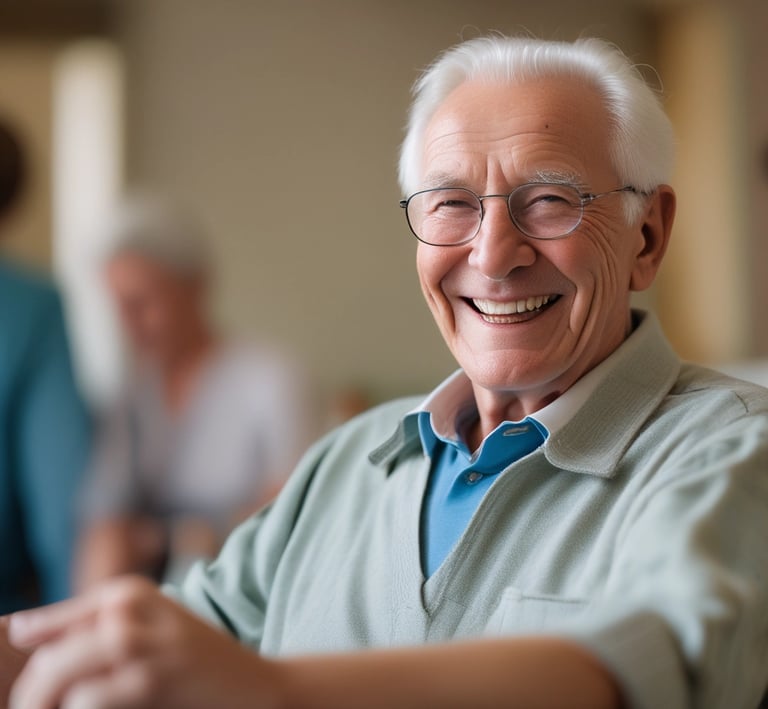Friendly caregiver helping an elderly resident enjoy a craft activity in a bright room