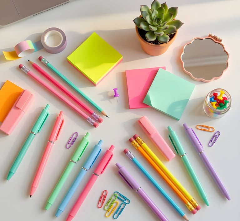 Bright and airy stationery flat lay featuring rainbow-colored pens and sticky notes on a white surface