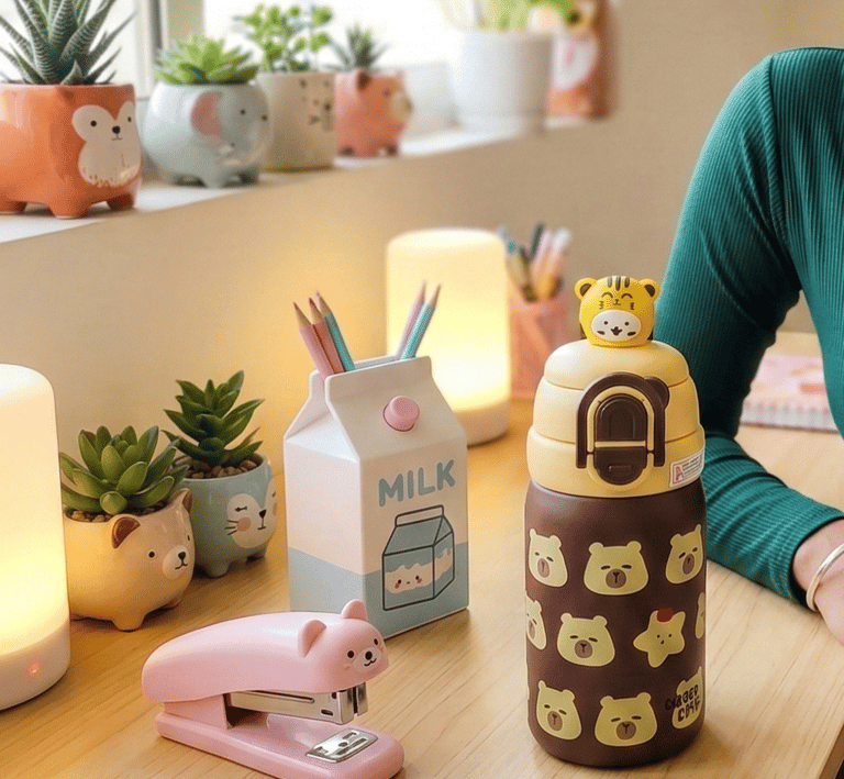 Aesthetic brown animal-themed water bottle on a desk next to a pink stapler and warm lighting