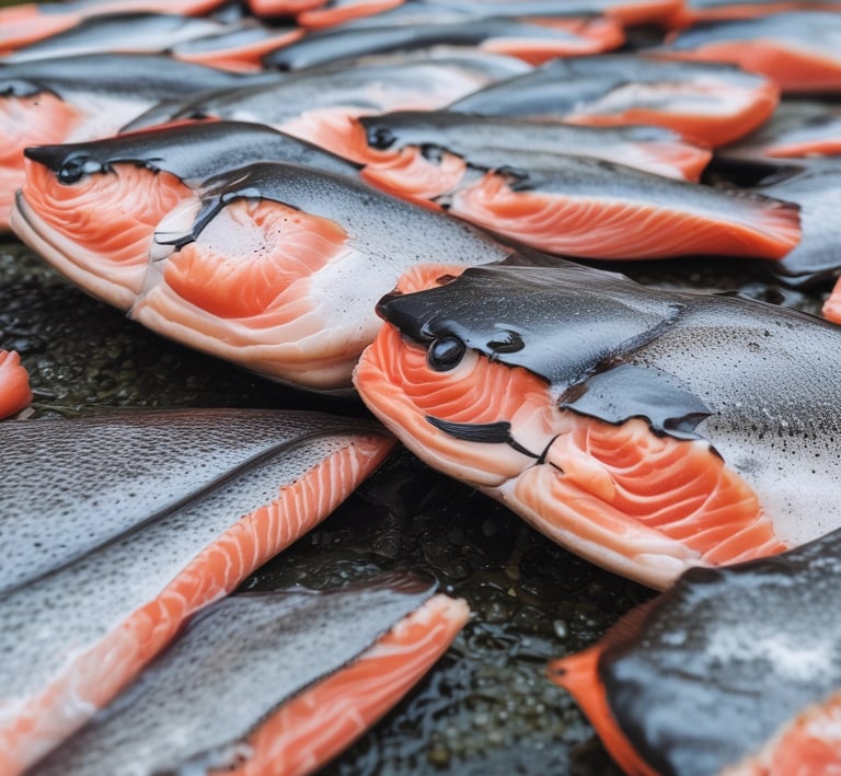 Stacks of salmon fillets carefully packed in insulated containers, prepared for shipment worldwide.