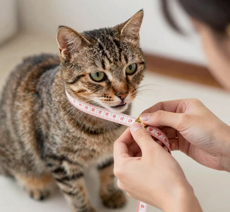 A person using a pink measuring tape to measure the neck size of a domestic tabby cat for a collar.