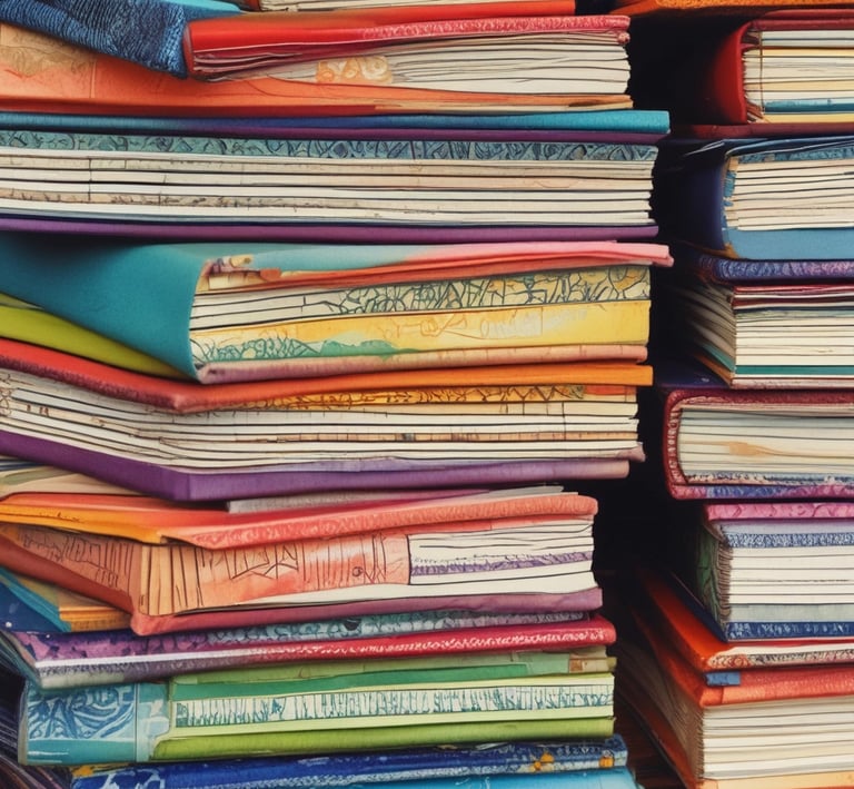 A stack of beautifully bound journals with artistic covers displayed on a shelf.