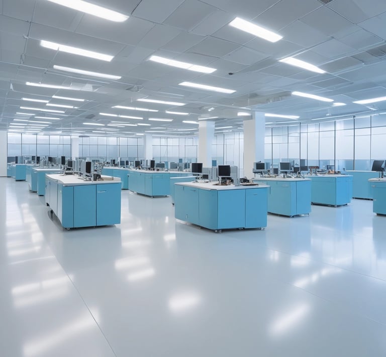 Technician applying a self-levelling epoxy coating in a factory workshop, with tools and equipment around.