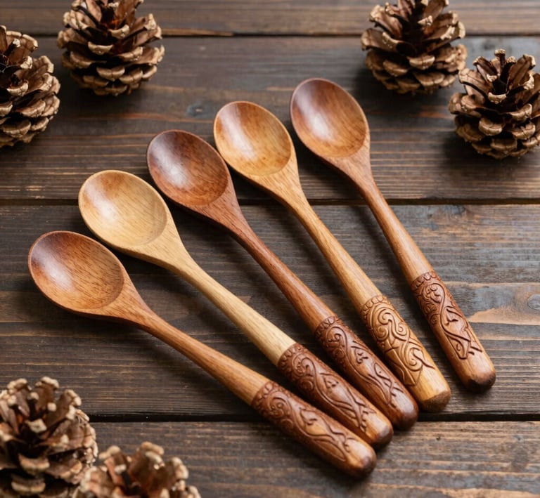 A set of wooden spoons with carved handles, arranged on a dark wooden table surrounded by pinecones.