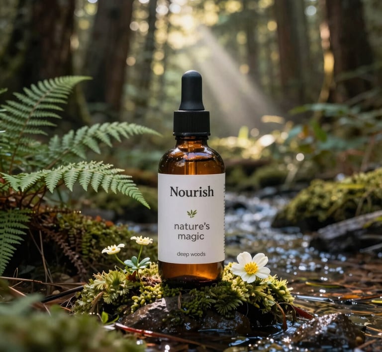 A softly glowing jar of forest-inspired face cream nestled among moss and delicate wildflowers.