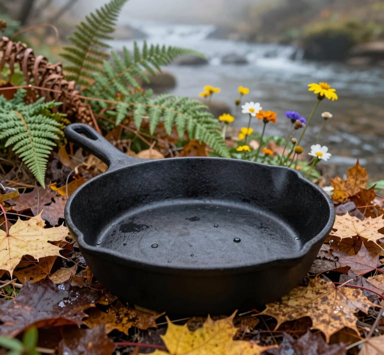 A cast iron skillet resting on a bed of autumn leaves with a hint of morning mist.
