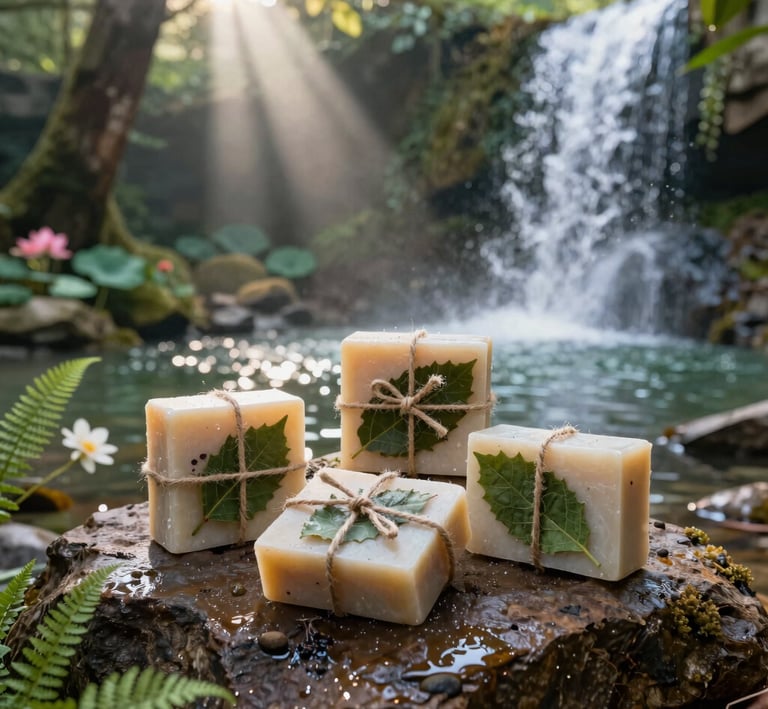 a damp rock displaying handcrafted herbal soaps wrapped in leaves and twine, set in front of a pond