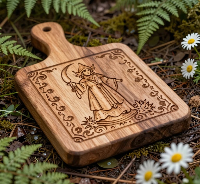 Handcrafted wooden cutting board with laser-engraved witch design on a forest floor with ferns and daisies.