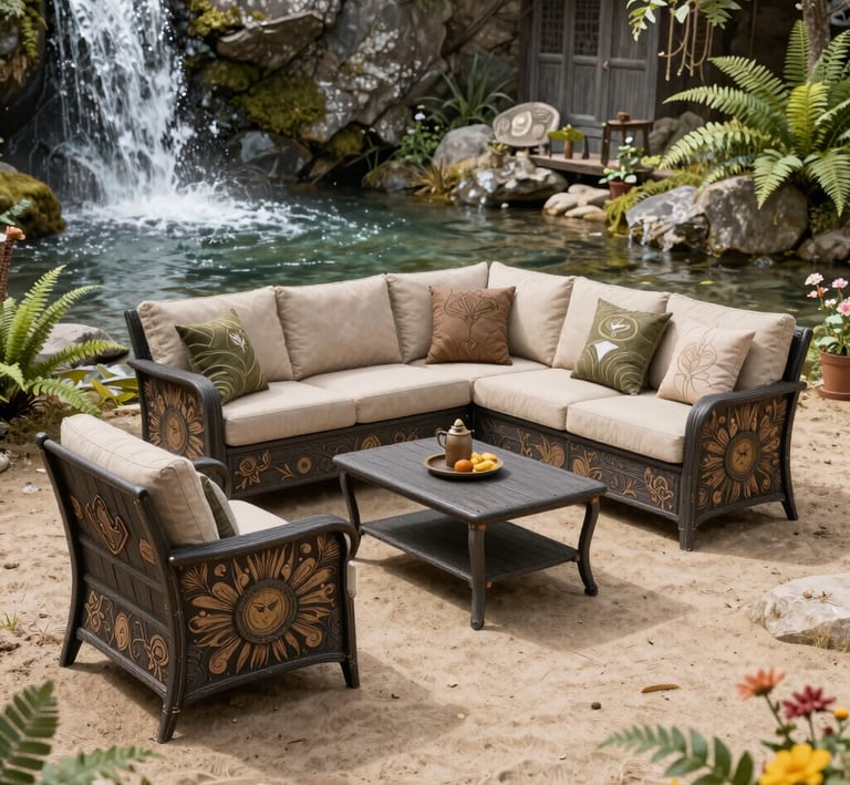 Wicker sectional sofa and coffee table set arranged on a beach by a backyard waterfall.