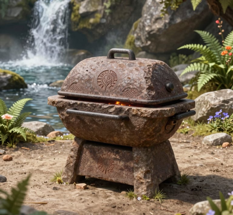 Ancient stone grill with ornate carvings sitting outdoors near a tropical waterfall and lush greenery.