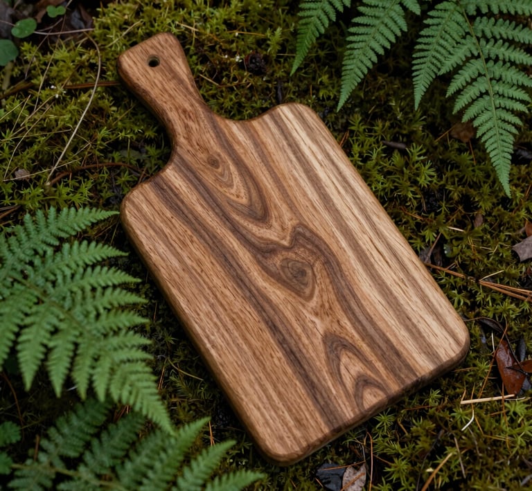 A rustic wooden cutting board nestled among moss and ferns, bathed in soft forest light.