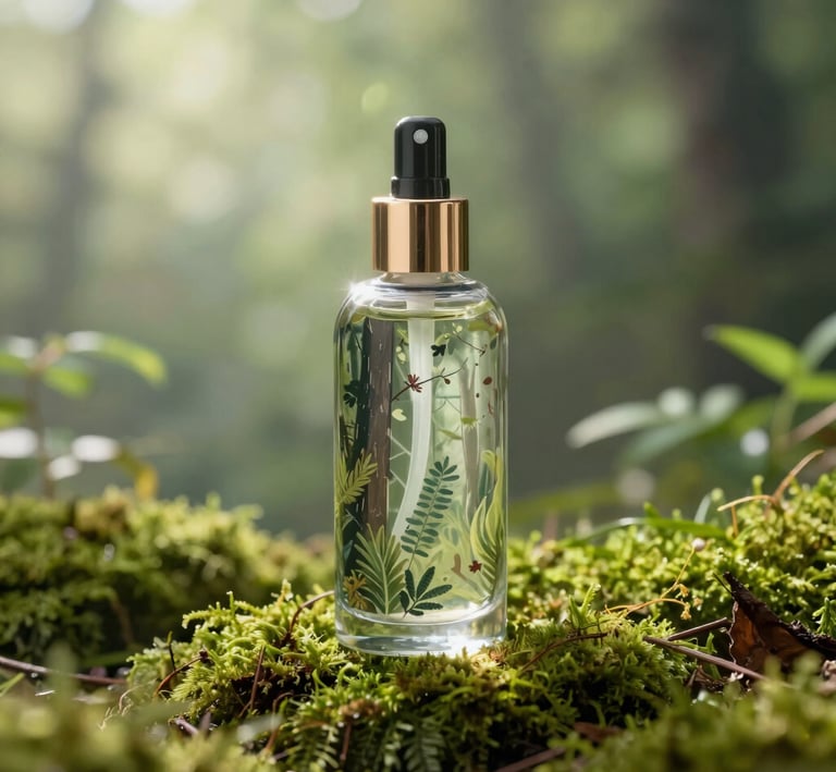 A delicate glass bottle of forest-inspired facial mist resting on moss with soft morning light filte