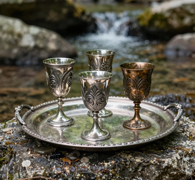 Ornate silver and bronze medieval beer steins on a wooden tray by a woodland stream.