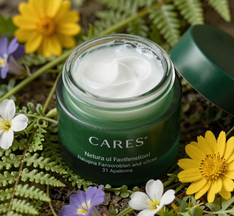 Close-up of a deep green jar of natural face cream surrounded by wildflowers and ferns.