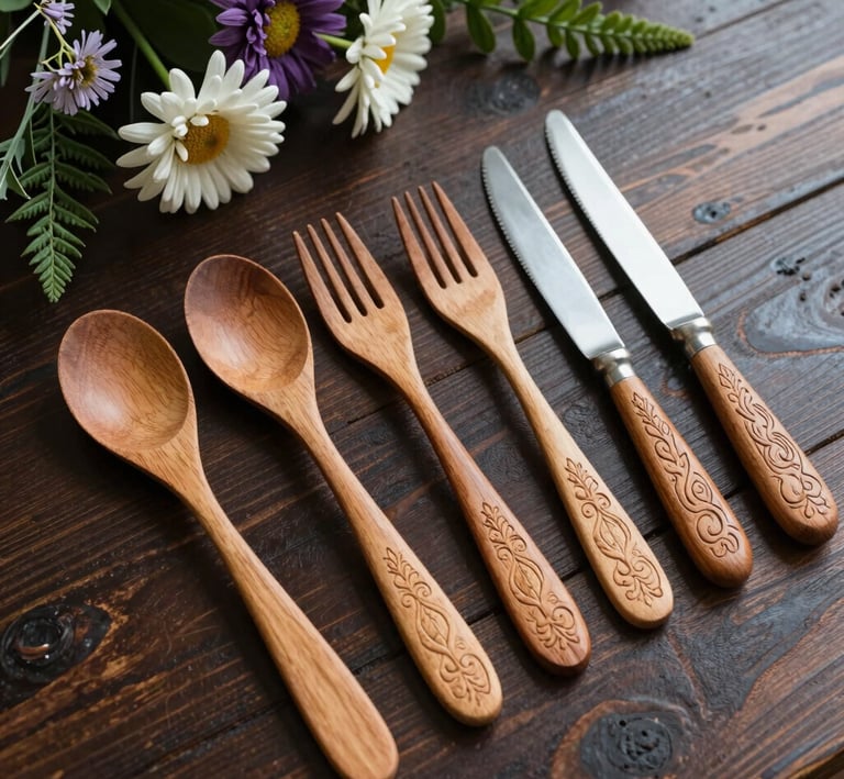 Handcrafted wooden cutlery set with engraved handles and daisies on a rustic dark wood table.