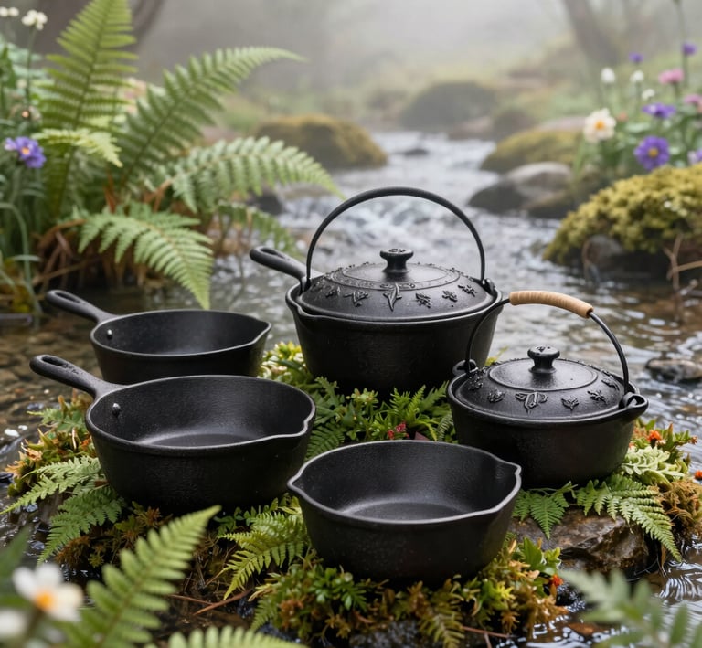 Rustic black cast iron cookware set featuring pots and pans on mossy rocks by a misty woodland stream.