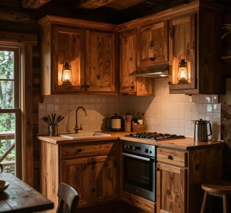 A cozy kitchen nook with deep wood cabinetry and soft glowing lanterns, evoking a forest cabin feel.