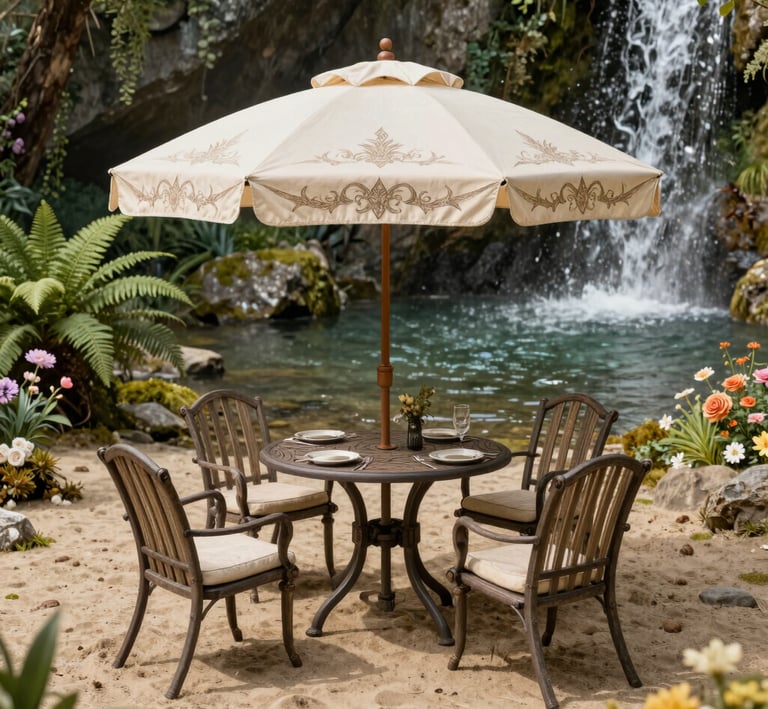 Elegant patio furniture set with a tan umbrella and round dining table near a tropical garden waterfall.