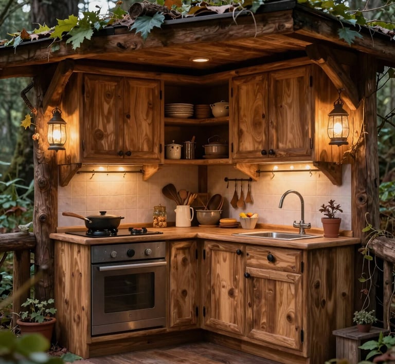 Rustic outdoor kitchen in a wooden cabin featuring wood cabinets, lanterns, and modern appliances.