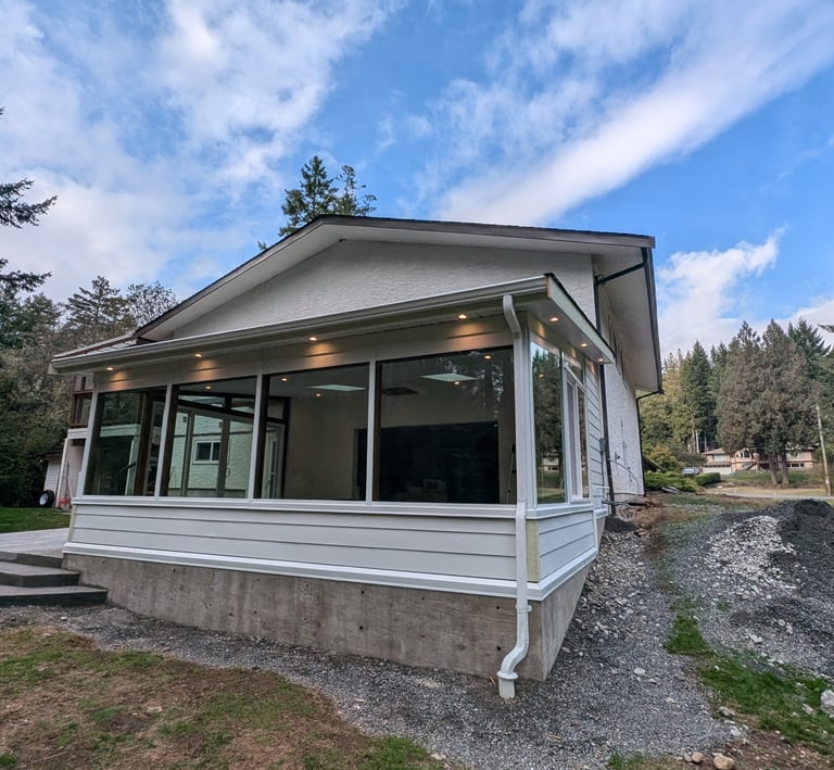 Outdoor covered patio with energy-efficient LED soffit lighting Victoria BC