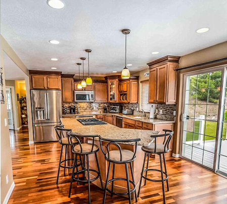 Modern kitchen renovation with pendant and recessed LED lights Victoria BC home
