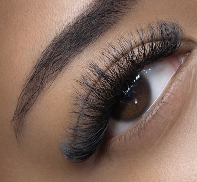 Close-up of voluminous black eyelash extensions and a groomed eyebrow on a brown eye.
