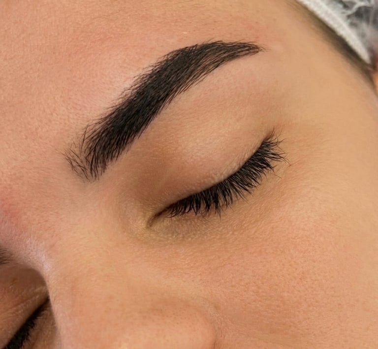 Close-up of a woman's face showing professional microblading eyebrow shaping and eyelash extensions.