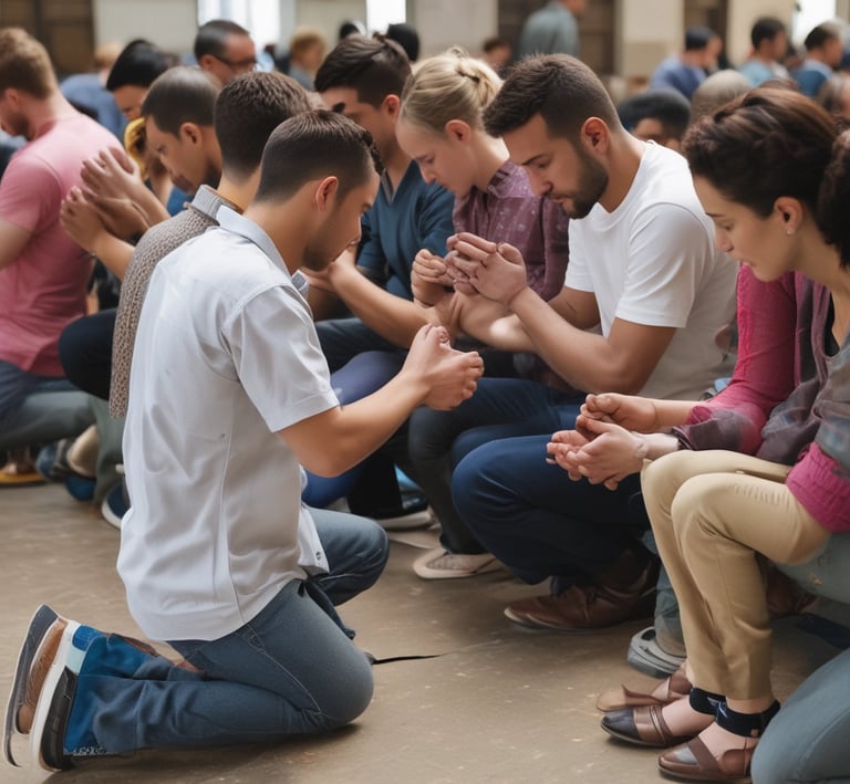 A person is kneeling in prayer at a wooden pew inside a church. The church interior features ornate architecture with tall columns and a large painting depicting a religious scene on the wall. There is a statue of an angel nearby, and sunlight is streaming through, illuminating parts of the floor and pew.