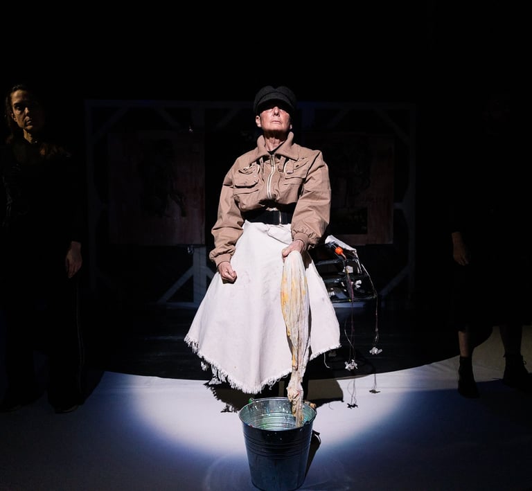 A white woman in a military jacket and hat, and white fabric skirt