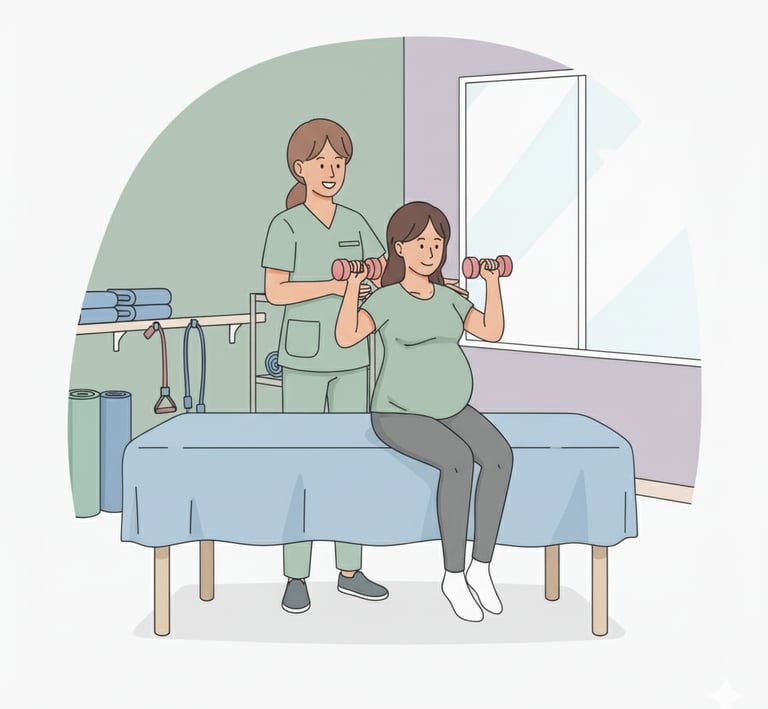 Se muestra a una mujer embarazada levantando pesas en una habitación de una clínica de fisioterapia.